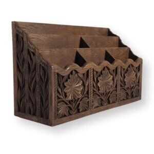 Vintage Desk Top Organizer MCM Lerner Molded Faux Carved Wood Letter Mail Bill